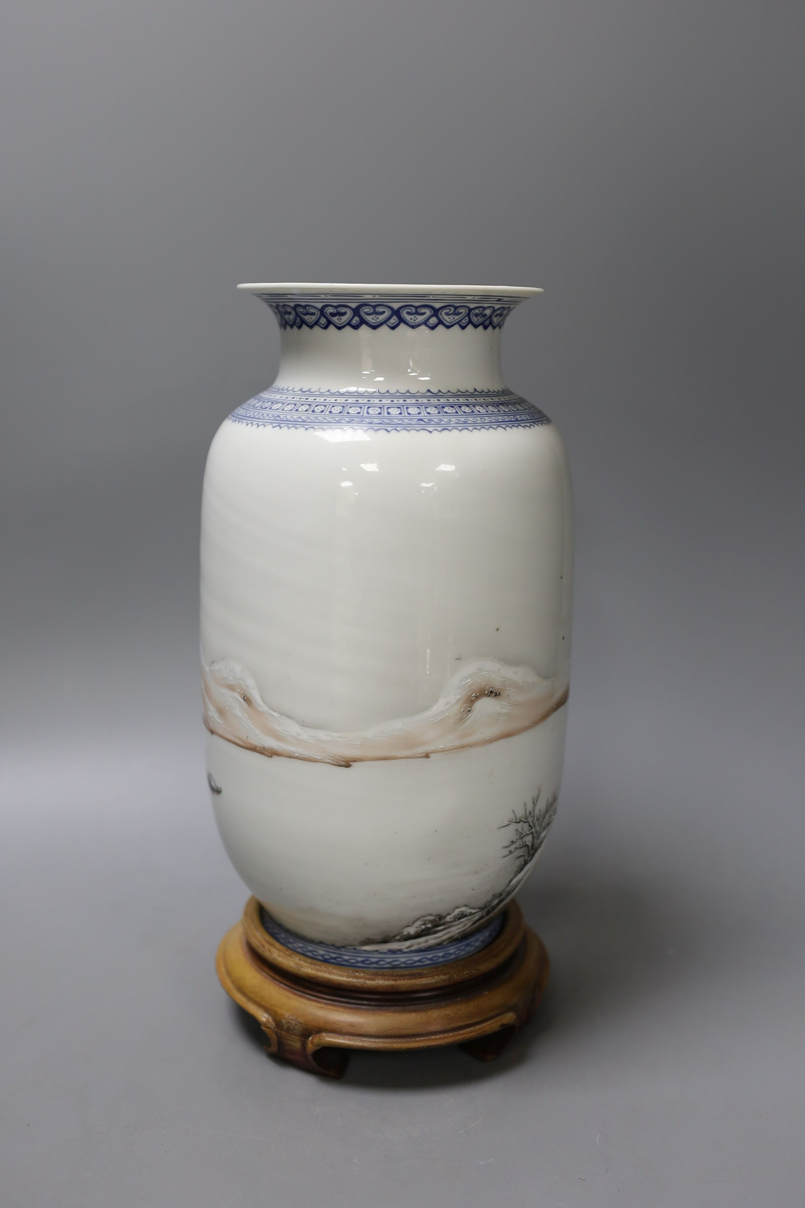 A mid 20th century Chinese enamelled porcelain winter landscape vase - 26cm tall including stand